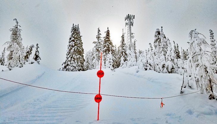 Out of bounds sign at 49° North Mountain Ski & Snowboard Resort