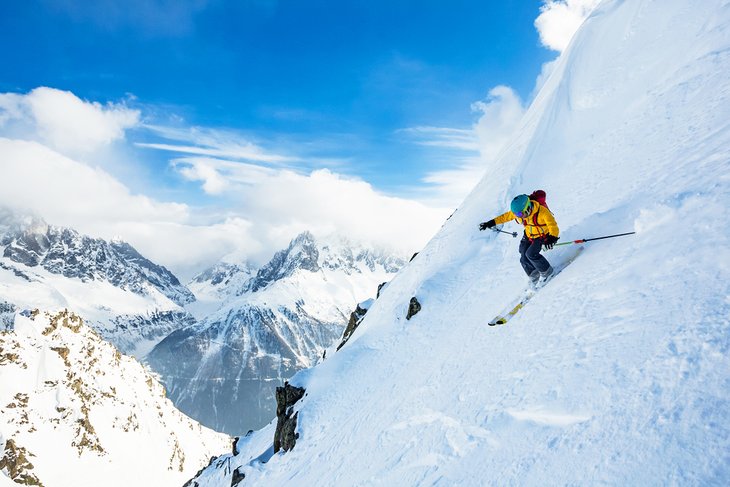 Skier on steep terrain in Chamonix
