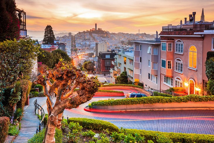 Lombard Street in San Francisco at sunrise