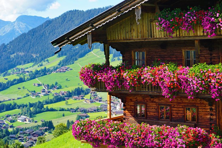 Colorful flowers blooming on a wooden farmhouse in Alpbach