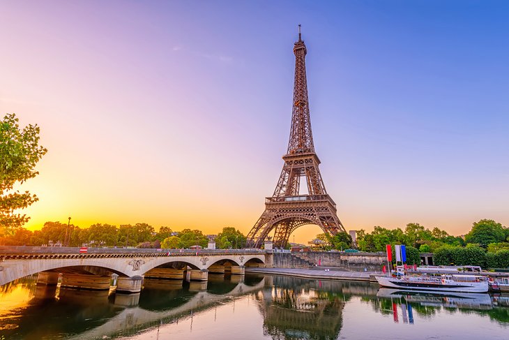 Eiffel Tower and river Seine at sunrise in Paris