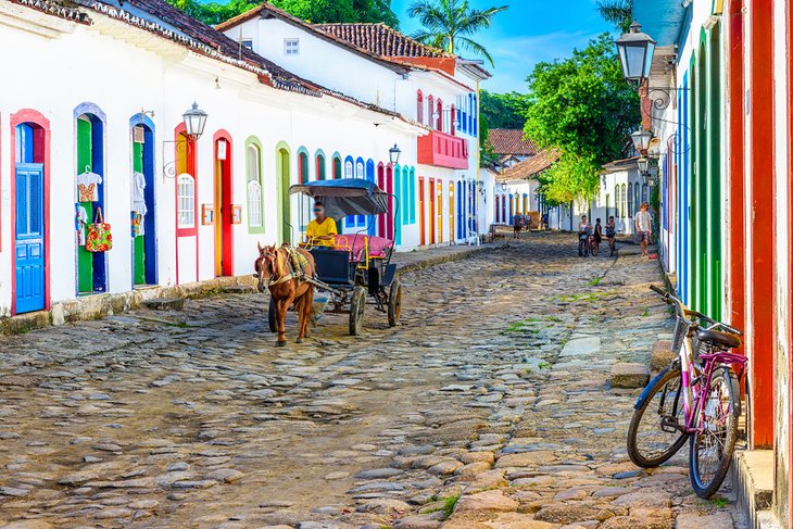 Cobblestone-paved streets and colorful colonial architecture in Paraty