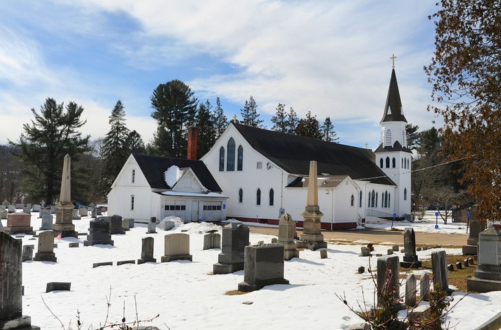 Snow-covered church in Chester, CT