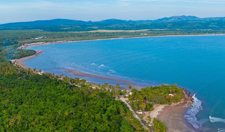 Aerial view of waves breaking in the bay at San Blas, Nayarit