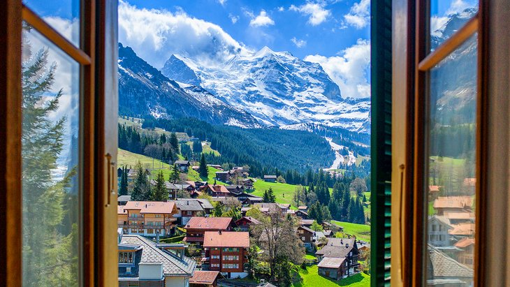 View of the Jungfrau through a window in Wengen