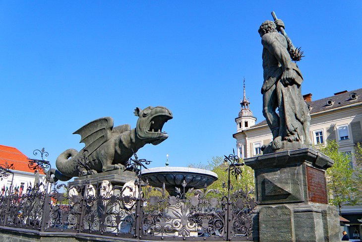 Klagenfurt’s iconic Lindworm Fountain in austria