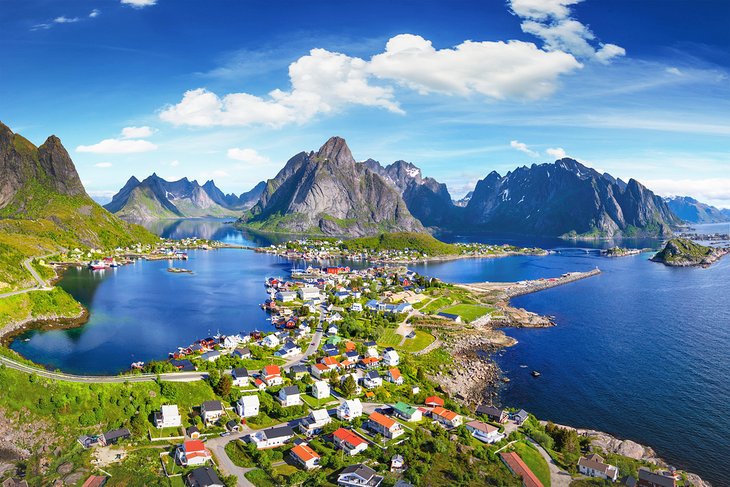 Aerial view of the fishing village Reine in the Lofoten Islands, Norway