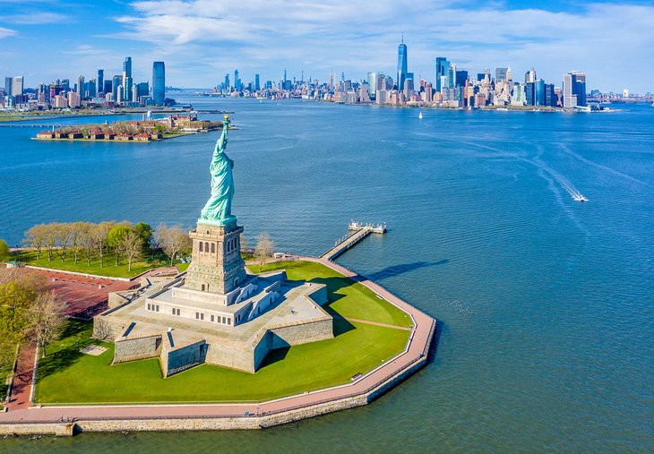 Aerial view of the Statue of Liberty and New York Harbor