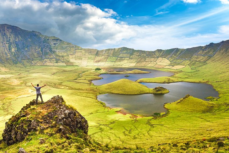 Hiker on Corvo Island in the Azores