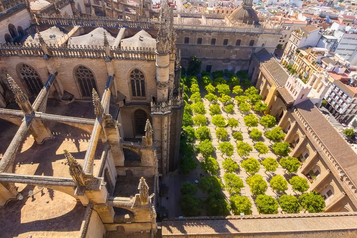 Aerial view of the Catedral de Sevilla and the Patio de los Naranjos (Patio of Orange Trees)