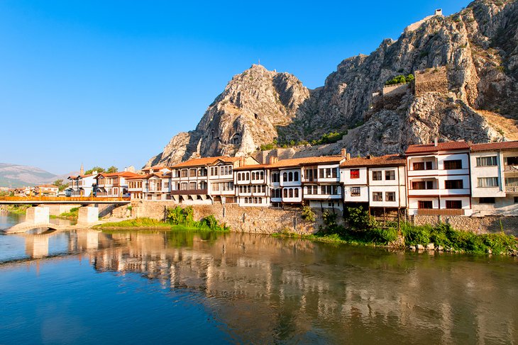 Traditional Ottoman wooden houses along the Yesilirmak River in Amasya