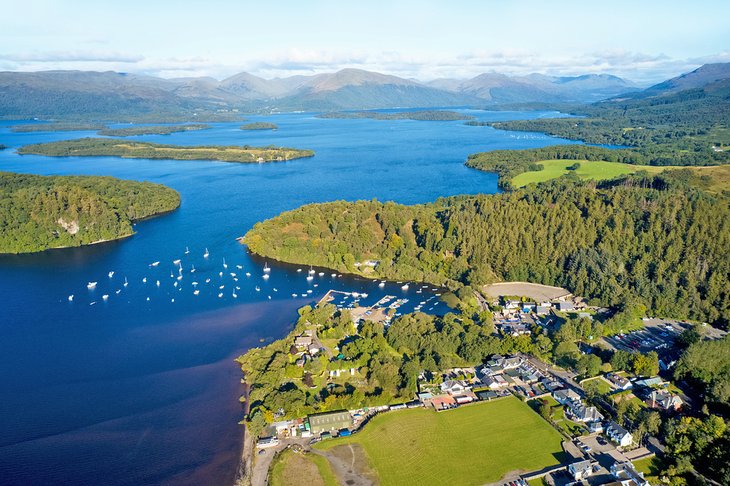 Aerial view of Balmaha village on Loch Lomond