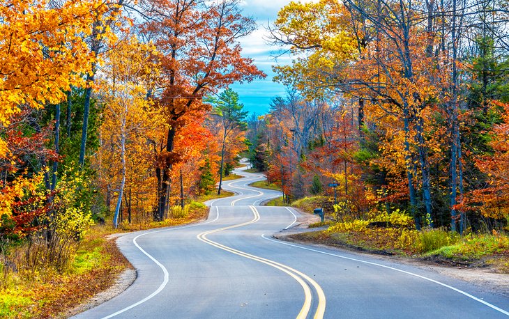 Twisty road through fall colors in Door County
