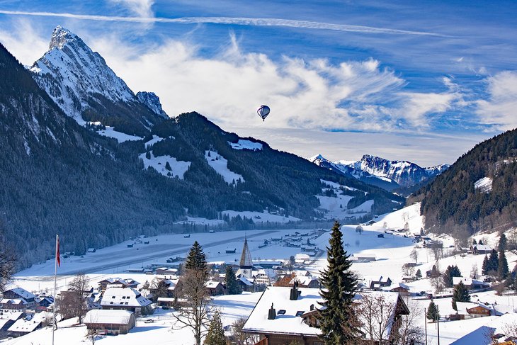 Hot air balloon over Gstaad in the Bernese Oberland