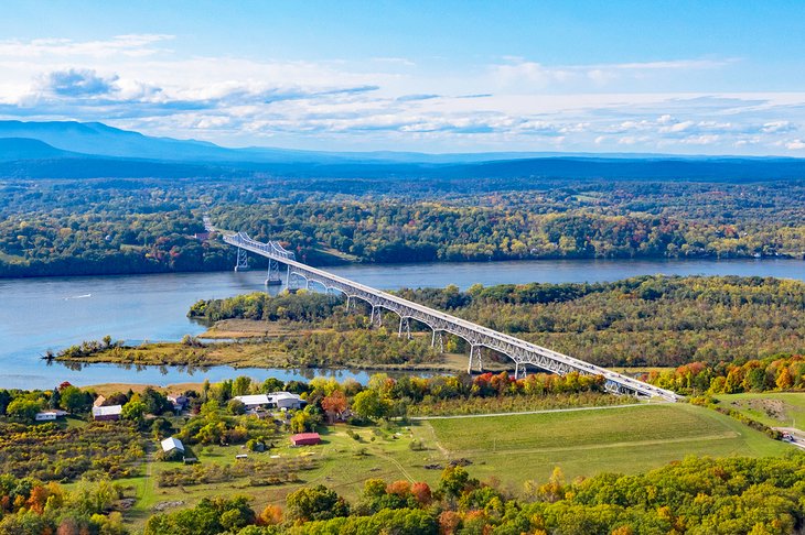 Aerial view of the Rip Van Winkle Bridge crossing the Hudson River