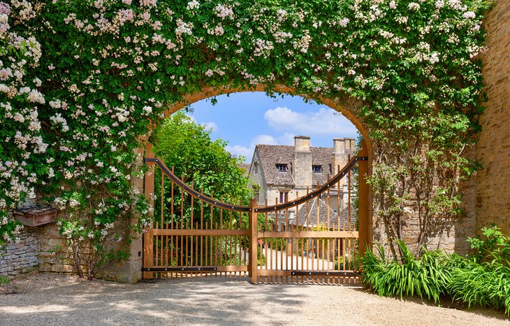Rose-covered entrance to Asthall Manor