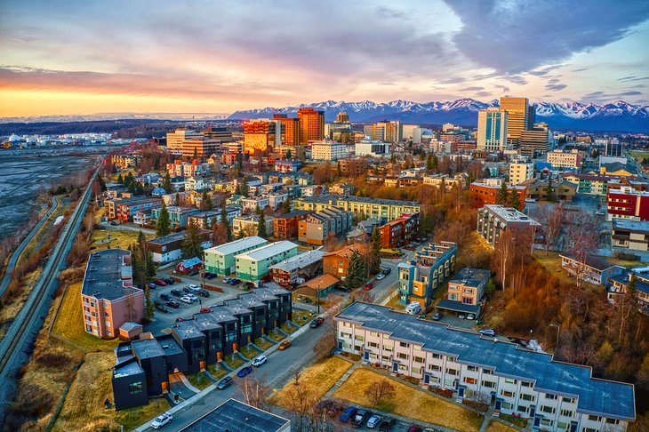 Aerial view of Downtown Anchorage at sunset