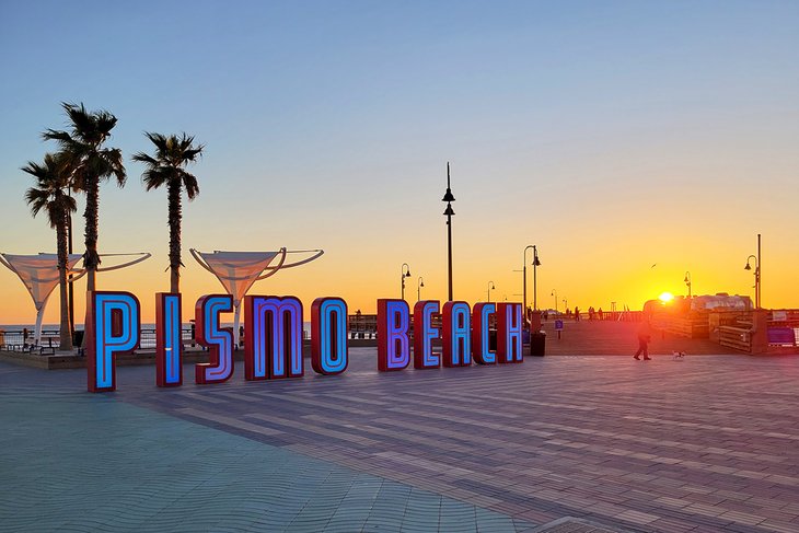 Pismo Beach sign at sunset