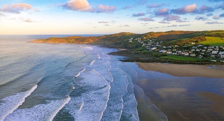 Aerial view of Woolacombe town and beach