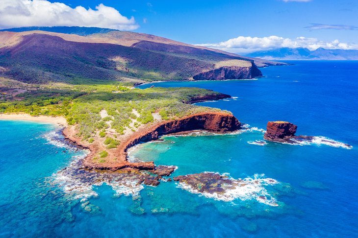 Aerial view of Hulopo'e Bay and Sweetheart Rock (Pu'u Pehe) on Lanai Island