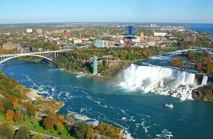 Aerial view of Niagara Falls and Rainbow Bridge