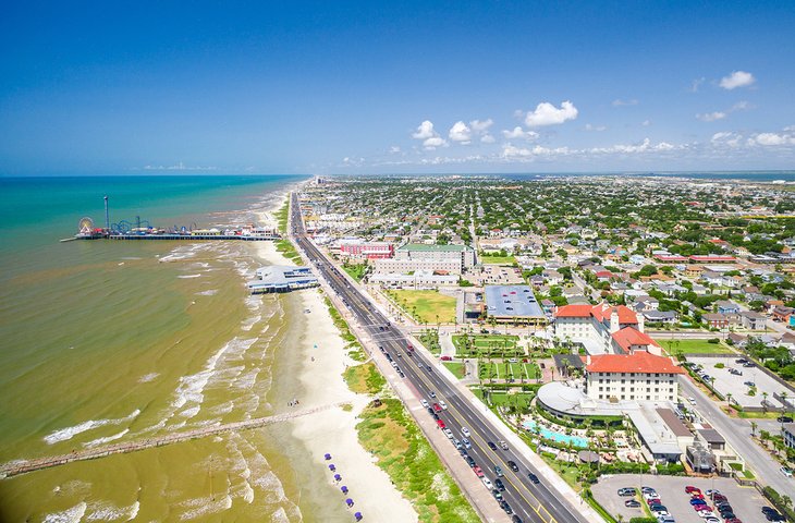 Aerial view of Galveston seawall and beach