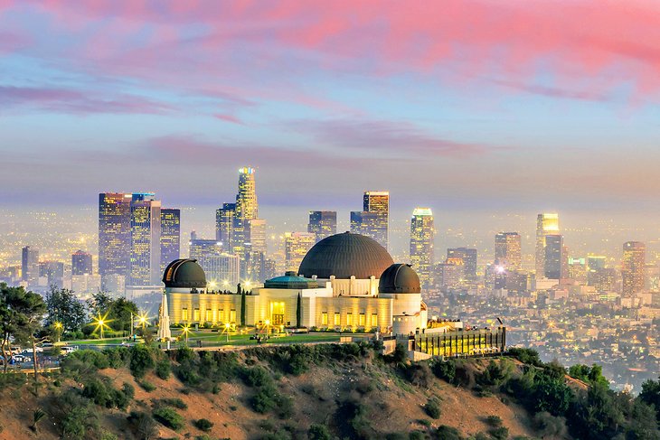 Griffith Observatory and Los Angeles city skyline at sunset