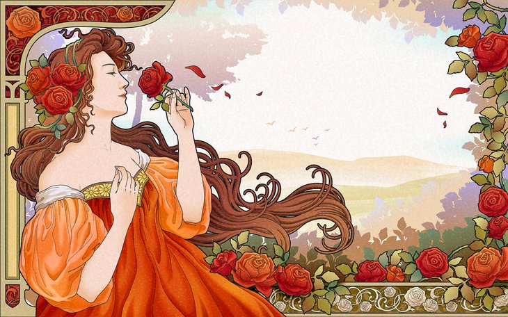 Mucha goddess holding roses in the garden, retro Art Nouveau poster