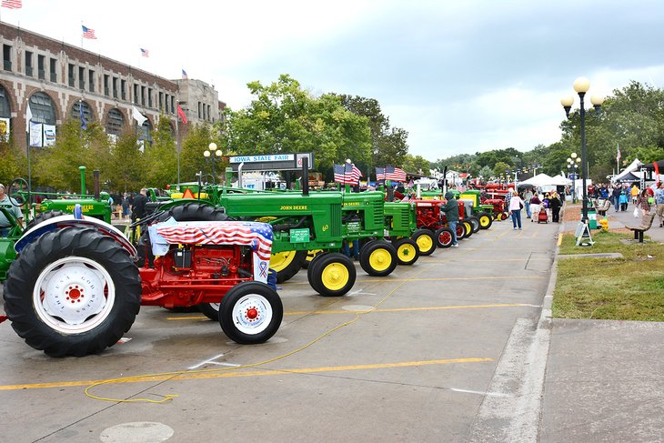 A display of farm tractors at the Iowa State Fair