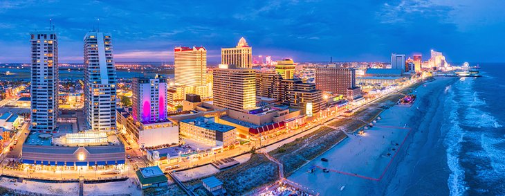 Aerial view of the Atlantic City Boardwalk at dusk