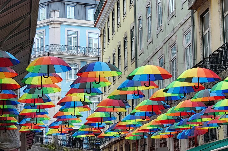 Umbrellas above Pink Street