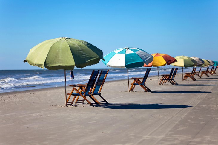 Umbrellas and chairs on Stewart Beach in Galveston