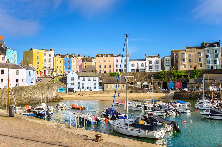 Tenby Harbour surrounded by colorful buildings