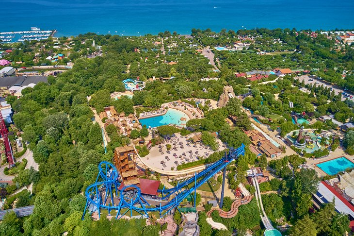 Aerial view of the theme parks on Lake Garda