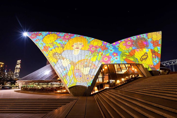 Render of Kaylene Whiskey's work Dolly visits Indulkana (2020) projected onto the Opera House's eastern Bennelong sail as part of Badu Gili: Wonder Women