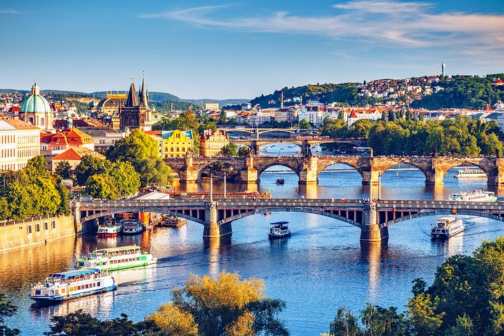 View of the Vltava River and Prague's famous bridges