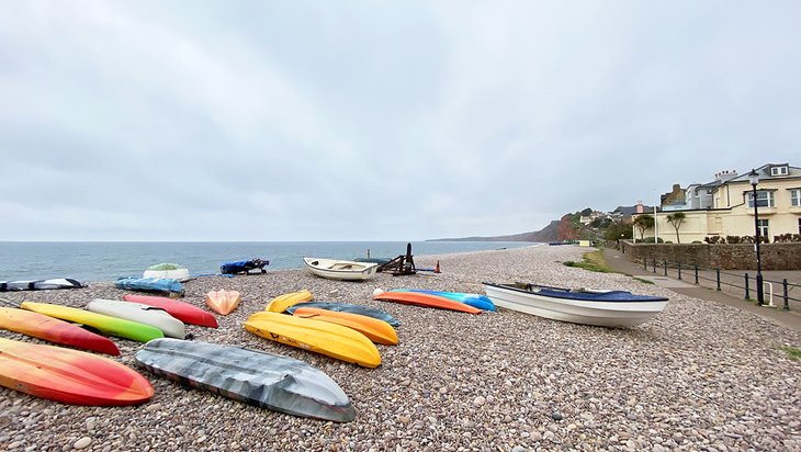 Kayaks on the beach at Budleigh Salterton