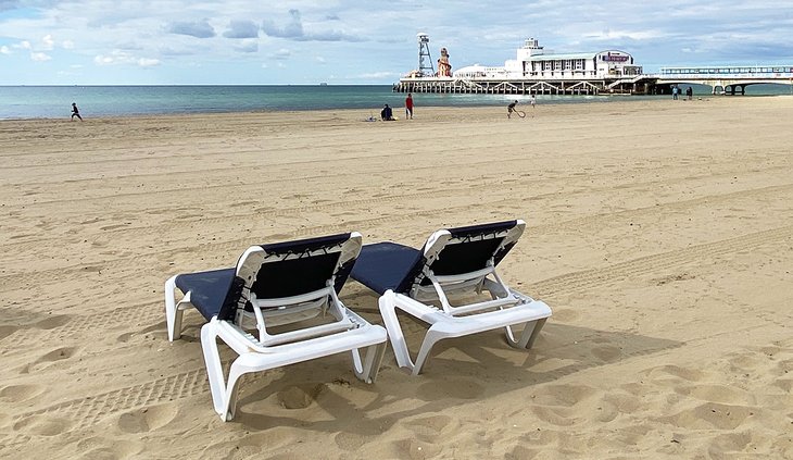 Lounge chairs on the beach in Bournemouth