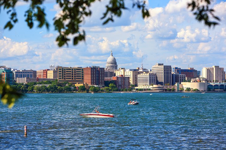 Boats on Lake Monona with the Madison skyline in the distance