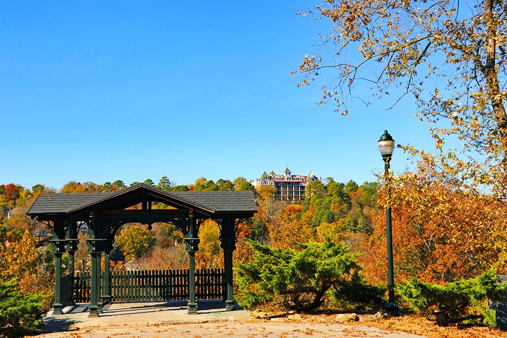 View over fall foliage to the Crescent Hotel & Spa in Eureka Springs, Arkansas