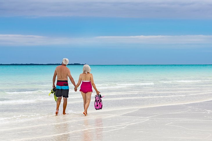Couple with snorkeling gear on a beach in the Caribbean