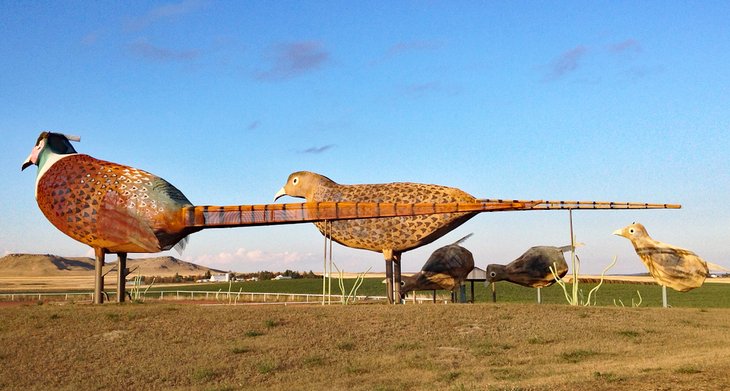 "Pheasants on the Prairie" metal sculptures on the Enchanted Highway
