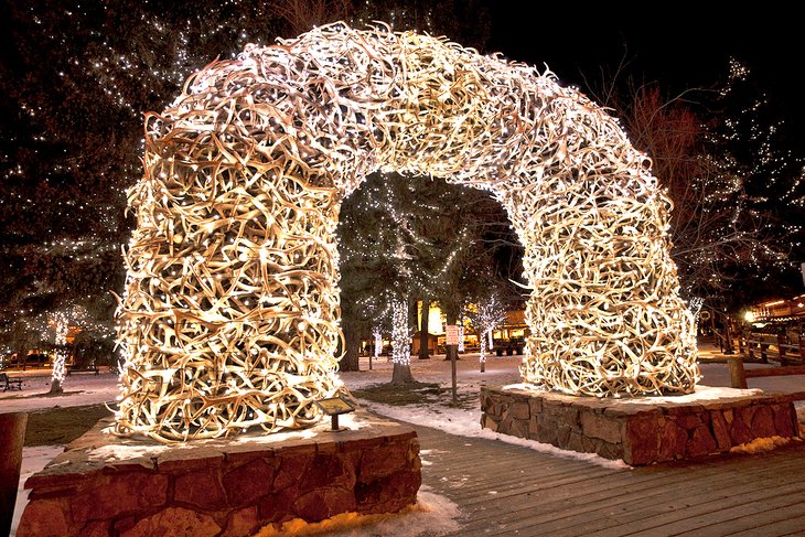 Jackson Hole's elk-antler arches lit for the Christmas season