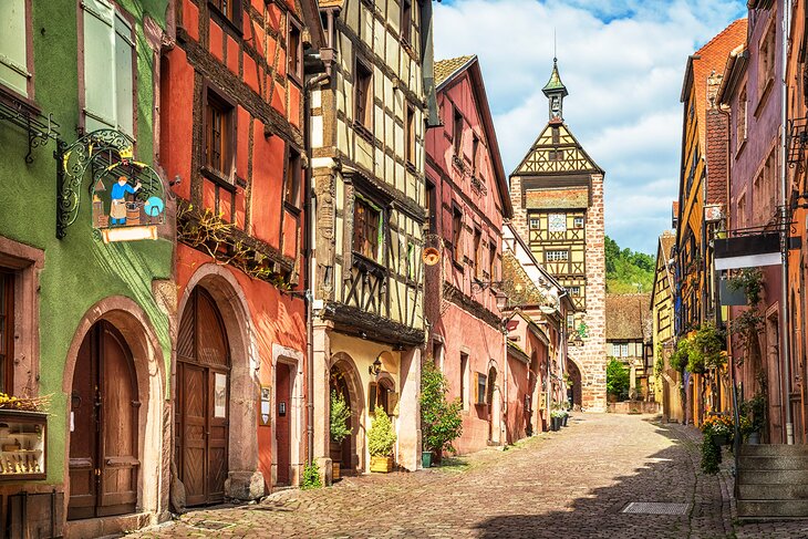 A street Riquewihr village with Dolder Tower