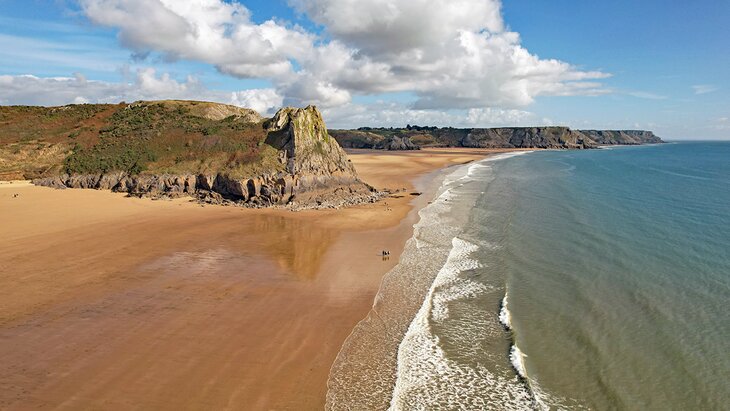 Aerial view of Three Cliffs Bay on the Gower Peninsula