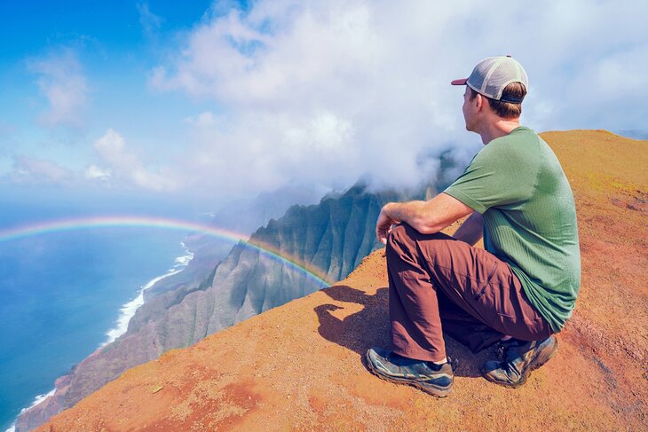 Enjoying the well-earned view of the Na Pali cliffs from the Honopu Ridge Trail.