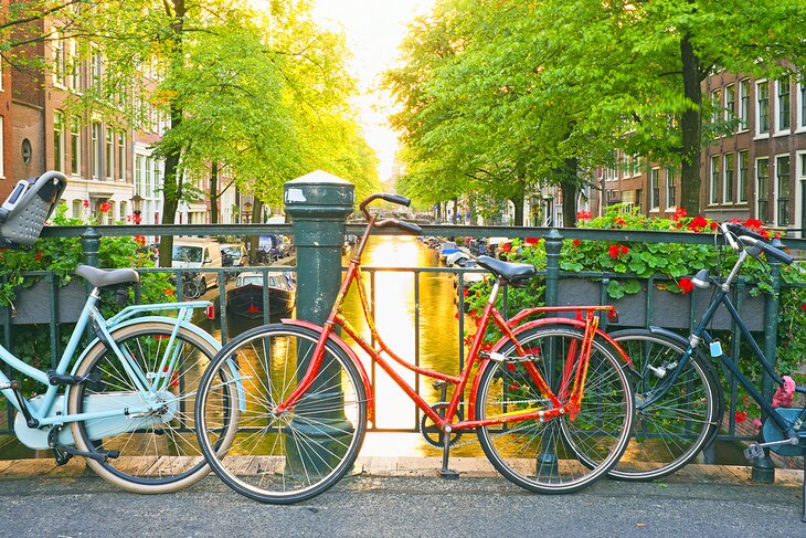 Bicycles along a canal in Amsterdam, Netherlands