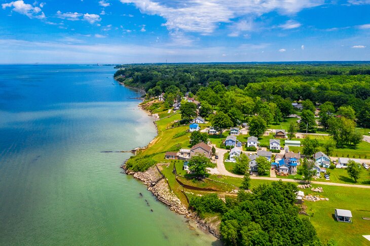 Aerial view of Lake Erie and the town of Ashtabula, Ohio