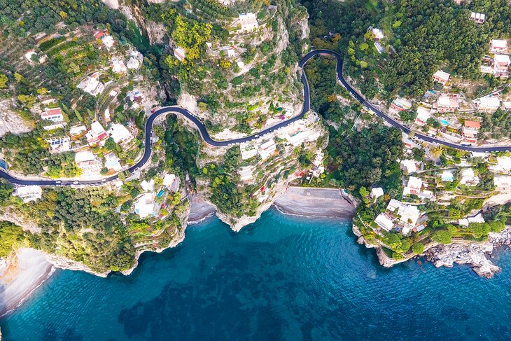 Aerial view of a winding road on the Amalfi Coast