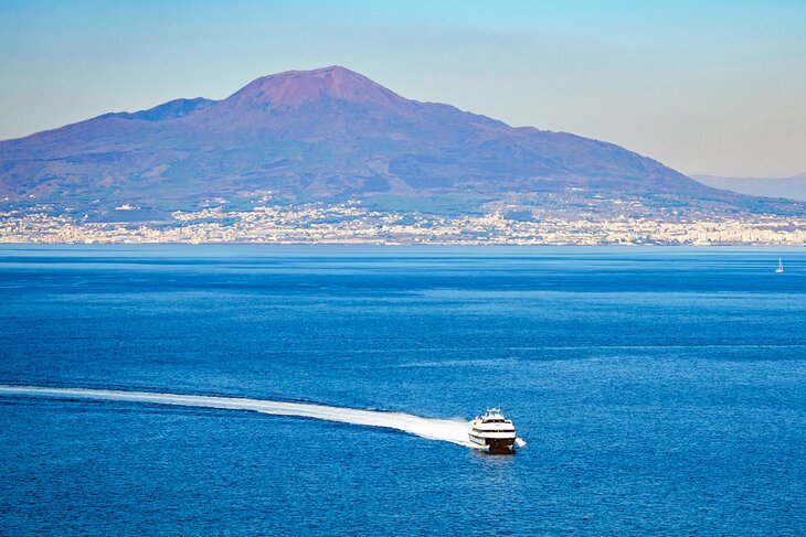 Ferry in the Gulf of Naples with Mount Vesuvius in the distance